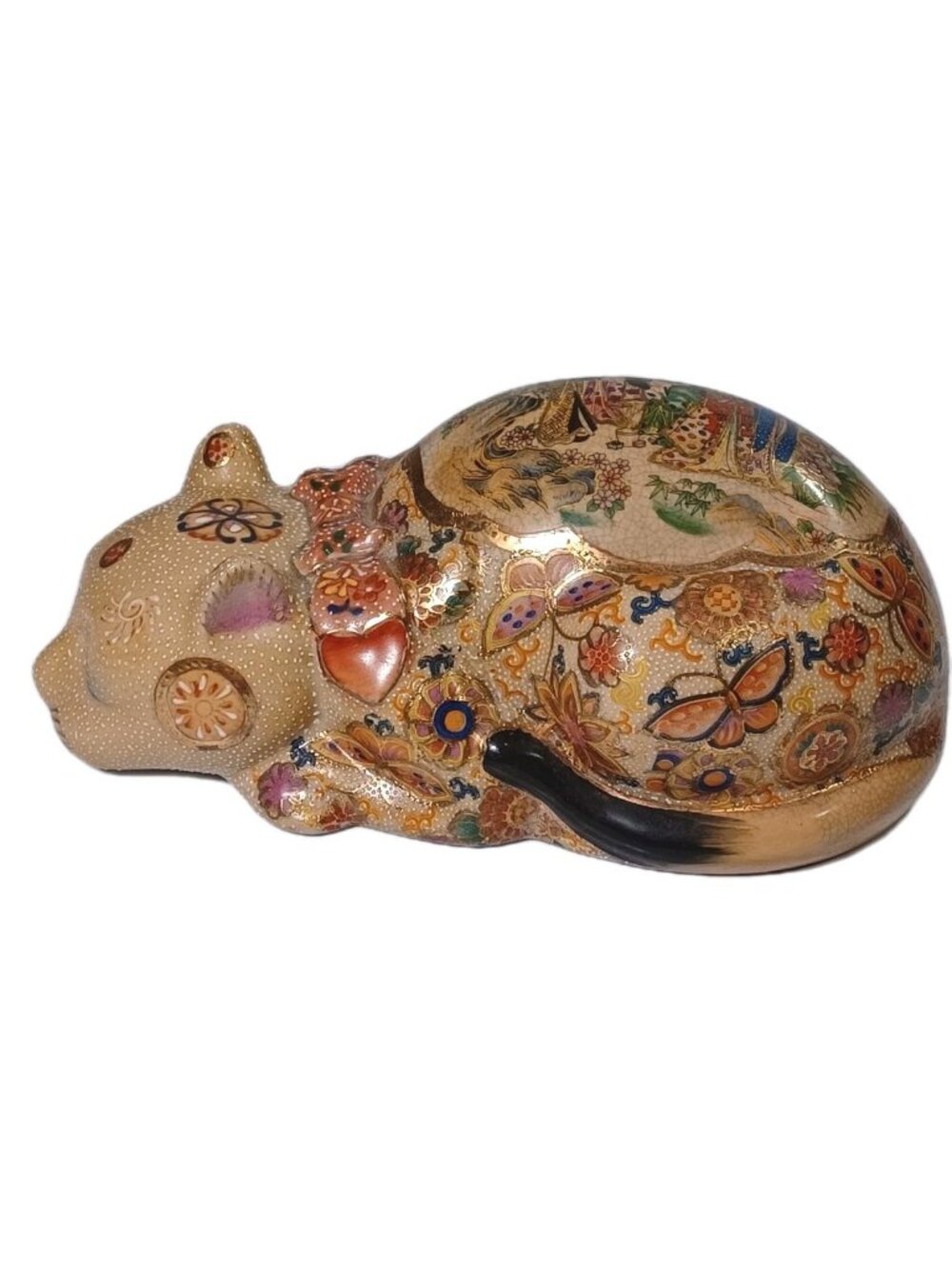 Vintage Japanese Satsuma Sleeping Cat Cloisonne Moriage Gold Accents Geishas But - Picture 4 of 12